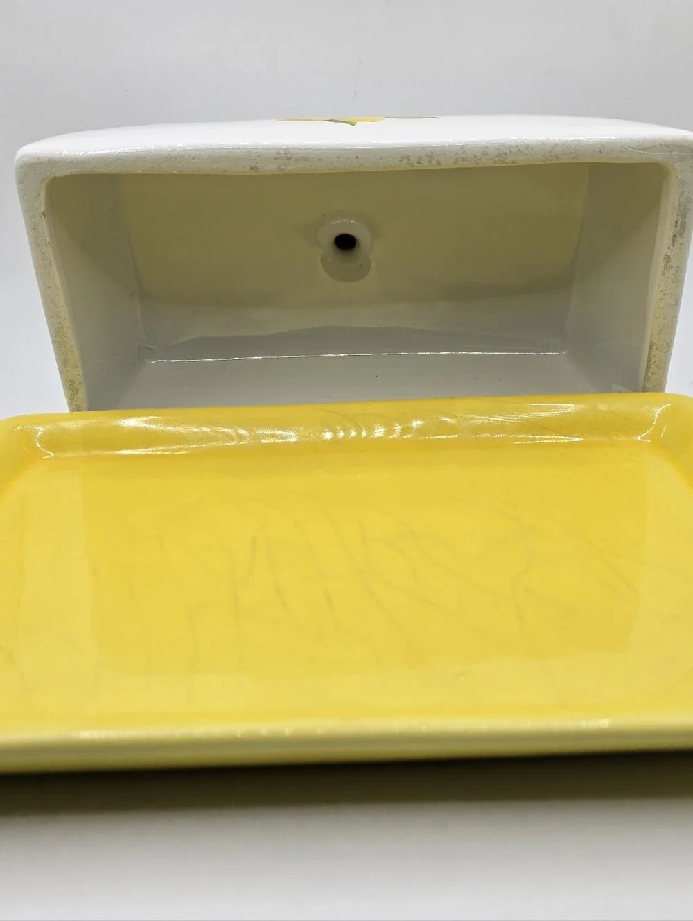 White Lemon Branch Ceramic Butter Dish With Handled Lid Yellow Plate Pre-Owned